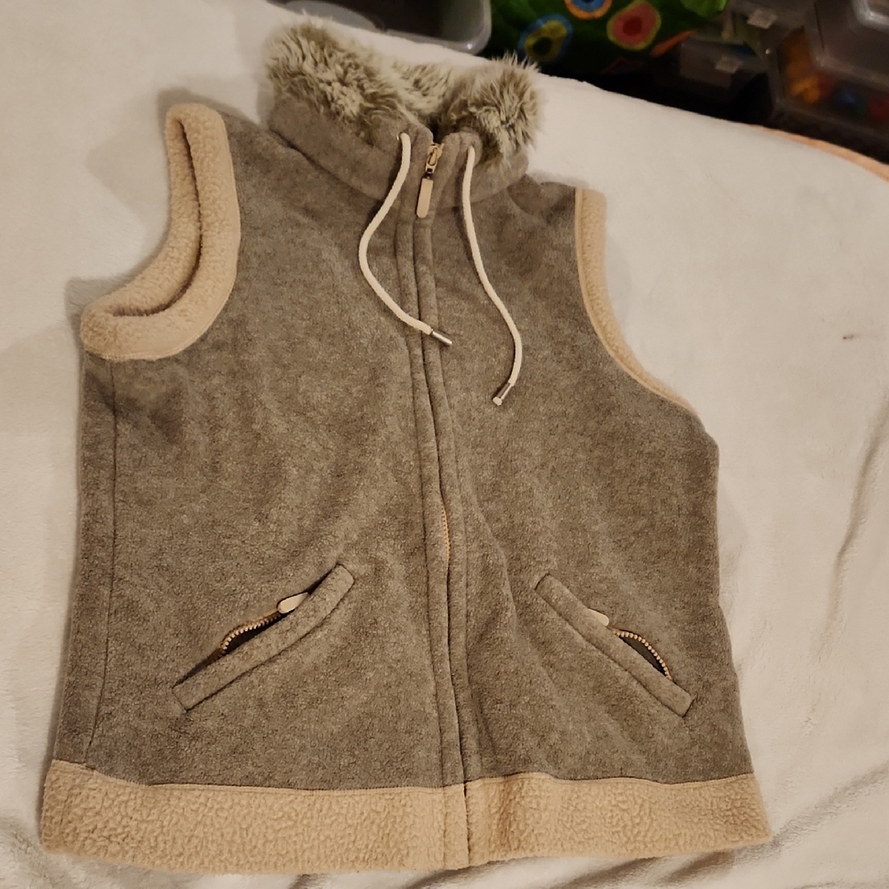 Beige and Light Textured Brown Fleece and Sherpa Vest